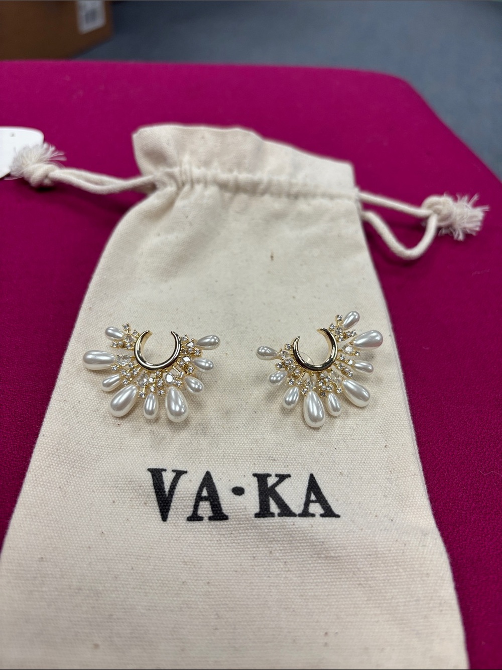 VAKA Gold Pearl Sunburst Crescent Earrings — White Pearls